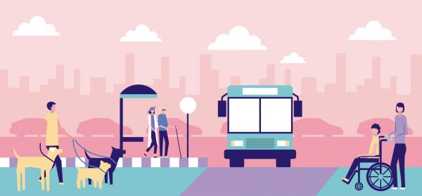volunteers help autobus stop people vector illustration